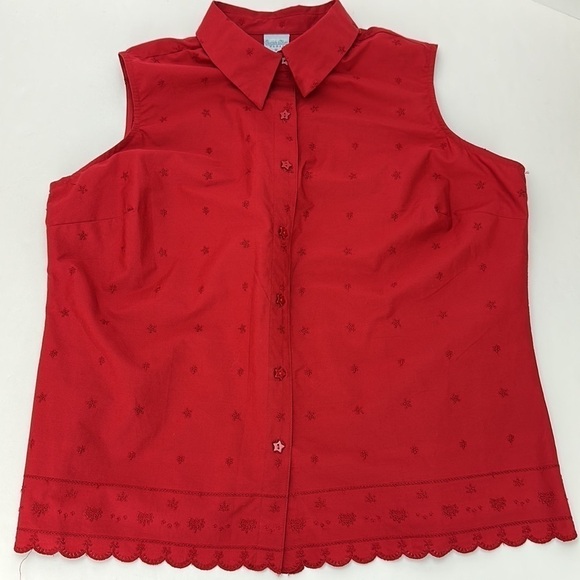 Cascade Blues Red Sleeveless Eyelet Button Shirt 1X Star Embroidery and Buttons - Picture 12 of 12